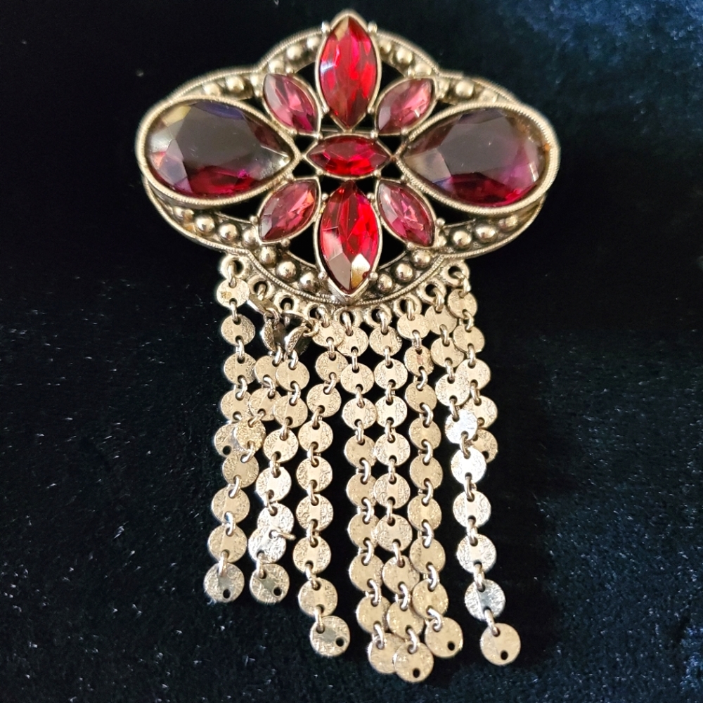 Vintage 1928 Brooch Victorian Revival Disk Fringe Silver Tone Collar Lapel